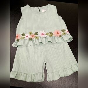 Embroidered Green Ruffle Top and Shorts Set
